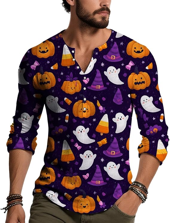 Men's Vintage Washed Skull Graphic Henley Shirt Long Sleeve Slim Fit Button Neck Streetwear Punk Rock Top