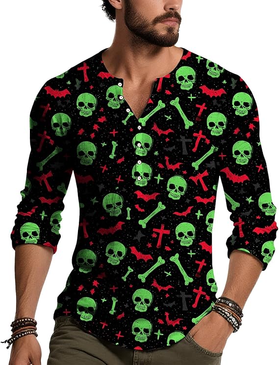 Men's Vintage Washed Skull Graphic Henley Shirt Long Sleeve Slim Fit Button Neck Streetwear Punk Rock Top