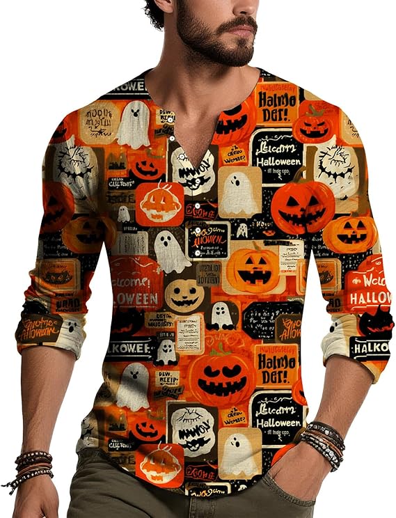 Men's Vintage Washed Skull Graphic Henley Shirt Long Sleeve Slim Fit Button Neck Streetwear Punk Rock Top