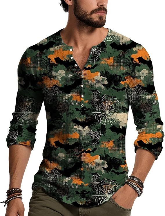 Men's Vintage Washed Skull Graphic Henley Shirt Long Sleeve Slim Fit Button Neck Streetwear Punk Rock Top