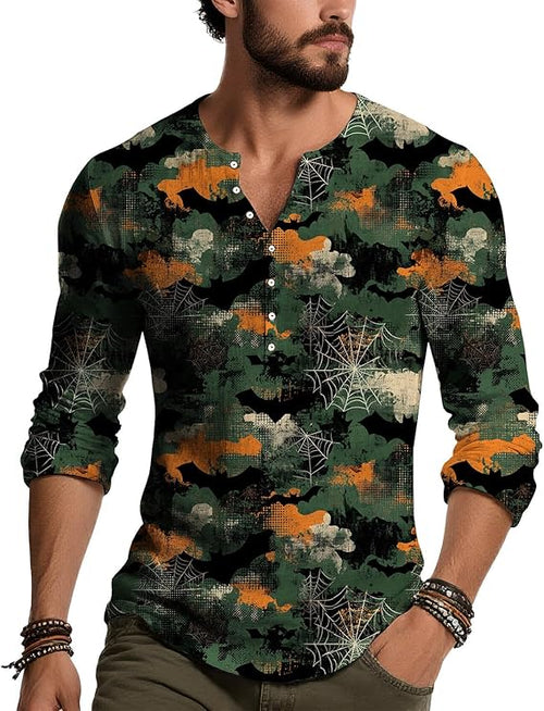 Men's Vintage Washed Skull Graphic Henley Shirt Long Sleeve Slim Fit Button Neck Streetwear Punk Rock Top